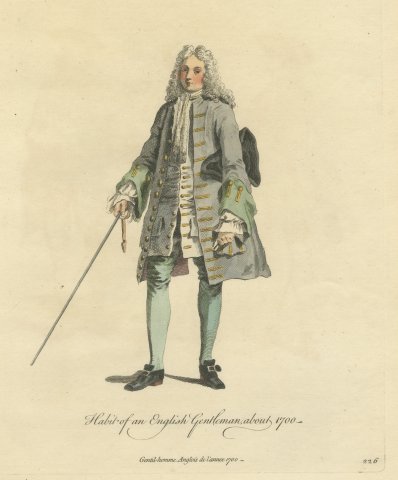 English Gentleman about 1700, Periwig, Cane and Tricorn, Jefferys Print, 1757