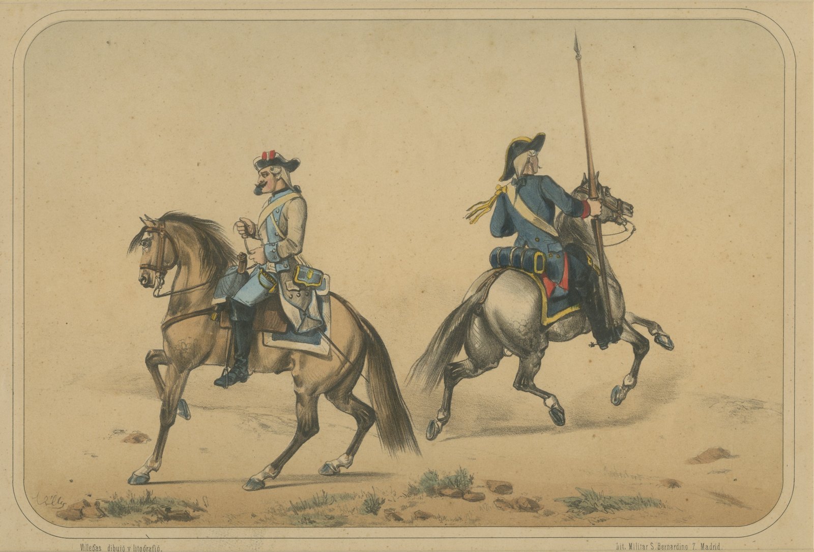 Spanish Cavalry, Two Horsemen in Cocked Hats, One with a Lance, Villegas, 1861