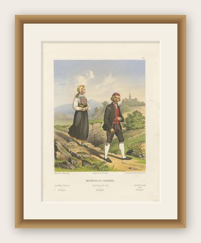 Norwegian Folk Costumes from Aal in Hallingdal, Tønsberg Edition, 1860s, shown framed