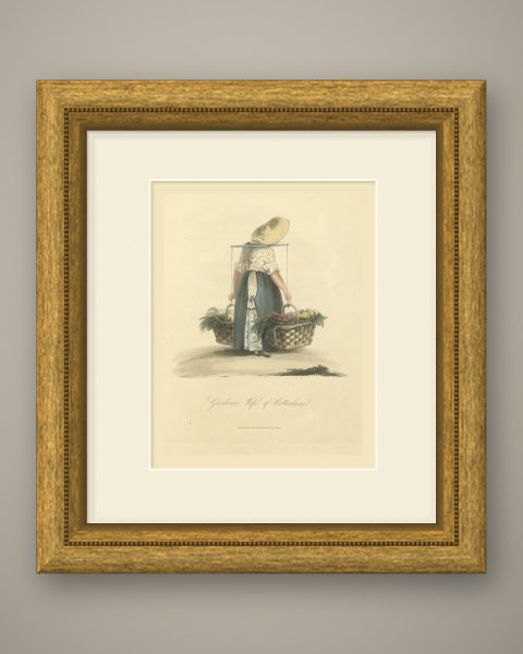 Gardener's Wife of Rotterdam with Produce, Antique Print, 1817, shown framed