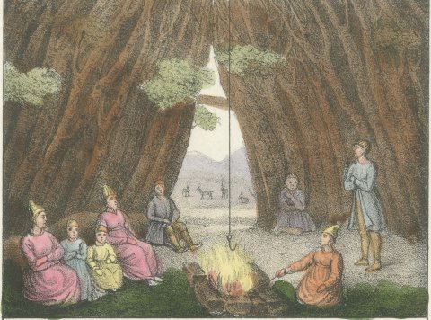 Inside a Hut of the Reindeer Lapps and Lapp Costume, Lapponia, 1842, close-up 1