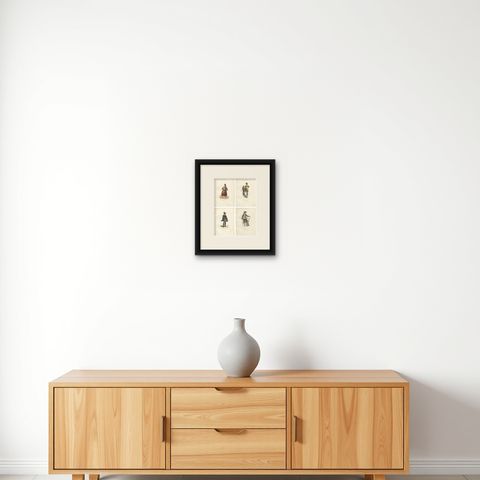 Set of Four Antique Spanish Costume Engravings, Castile & Madrid, circa 1850, shown framed on a wall