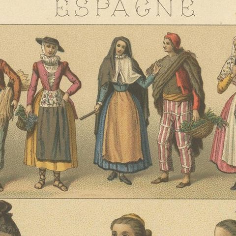 Antique Print of Spanish Costumes by Racinet, 'circa 1880', close-up 1