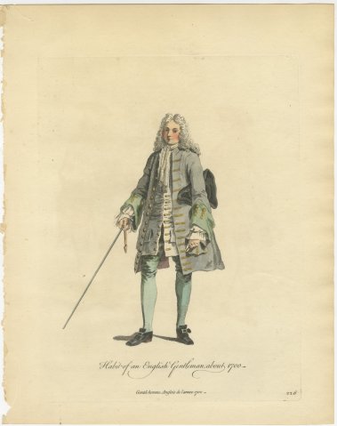 English Gentleman about 1700, Periwig, Cane and Tricorn, Jefferys Print, 1757, view 2