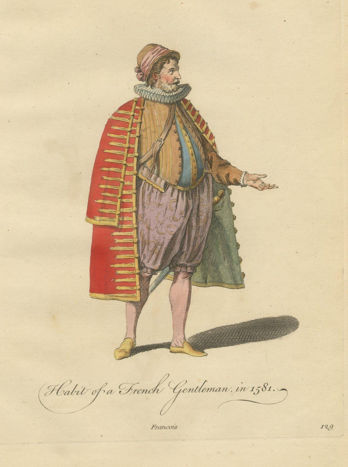 French Gentleman in 1581 with a Braided Red Coat, Jefferys Costume Plate, 1757