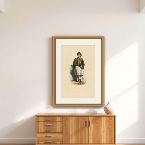Greek Man in Traditional Dress, Hand-Coloured Lithograph, c.1845, shown framed on a wall