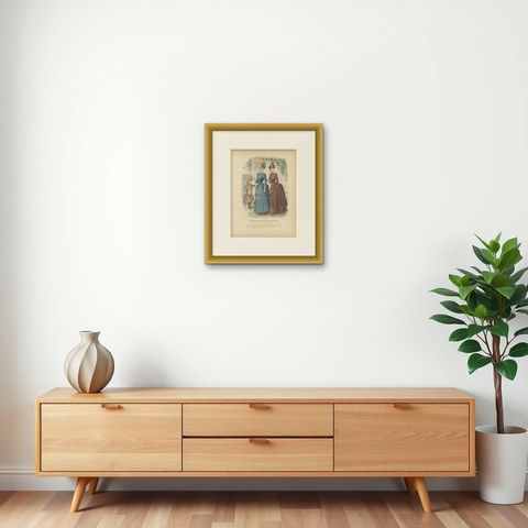 Antique French Fashion Plate, Elegant Ladies with Child, Garden Scene, c.1880, shown framed on a wall