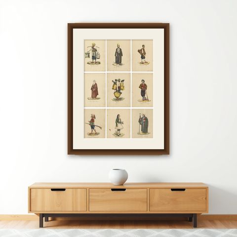 Set of 9 Antique Costume Prints, Turkey, Albania, Anatolia, 'c.1840', shown framed on a wall
