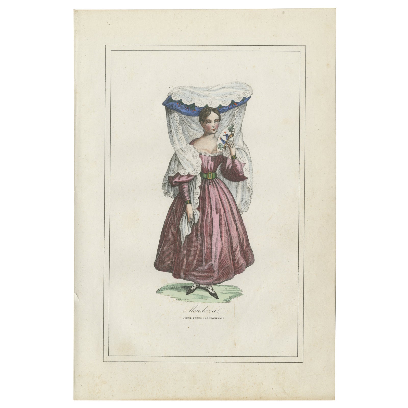 Antique Costume Print of Mendoza, Young Woman in Traditional Dress, 1854