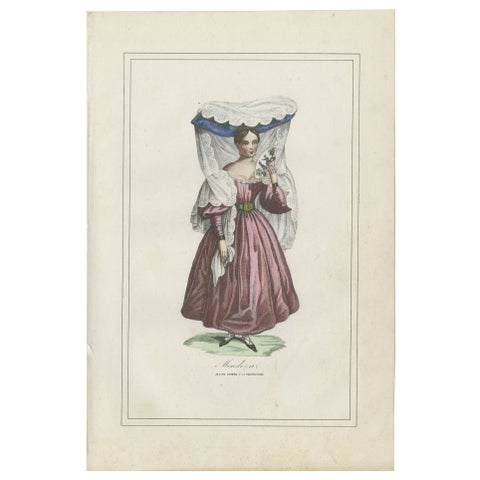 Antique Costume Print of Mendoza, Young Woman in Traditional Dress, 1854