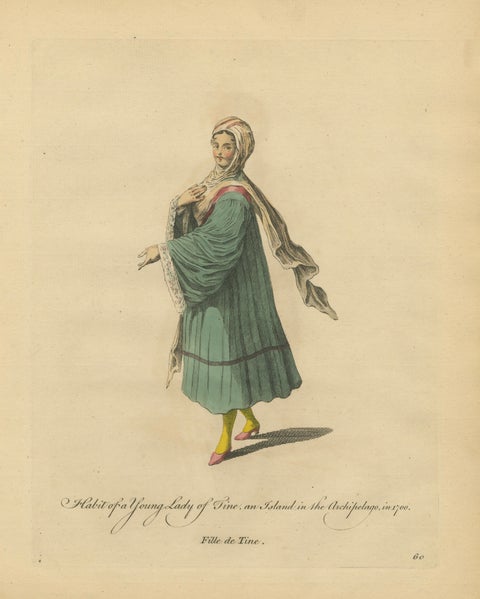 Antique Costume Print of a Young Lady of Tine, Greek Islands Engraving, 1749