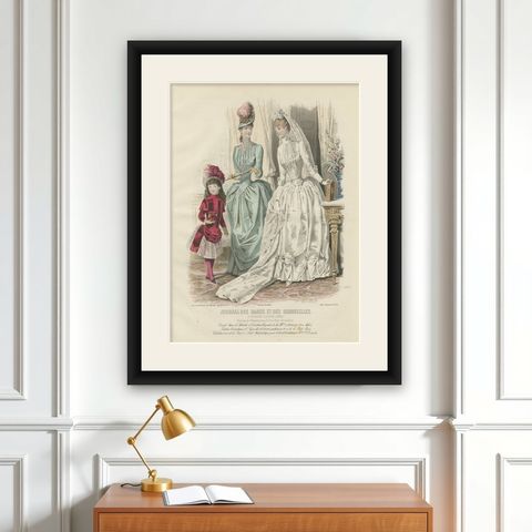 French Fashion Print, Bridal Scene with Ladies & Child, c.1887, shown framed on a wall