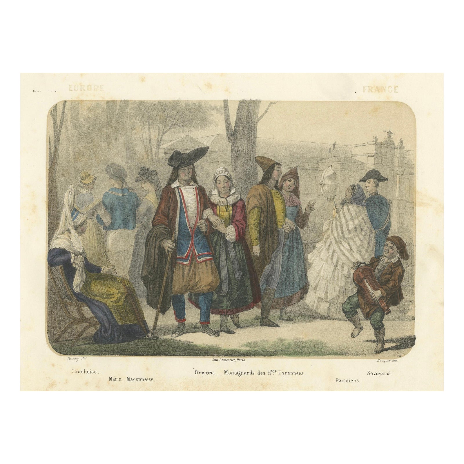 French Regional Costumes, Bretons, Parisians and Savoyard, c.1845