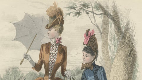 French Fashion Print, Ladies with Parasol & Child Scene, Hand-Colored, c.1887, close-up 1