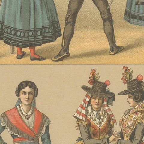 Pl. 175 Antique Print of Spanish Costumes by Racinet, 'circa 1880', close-up 2