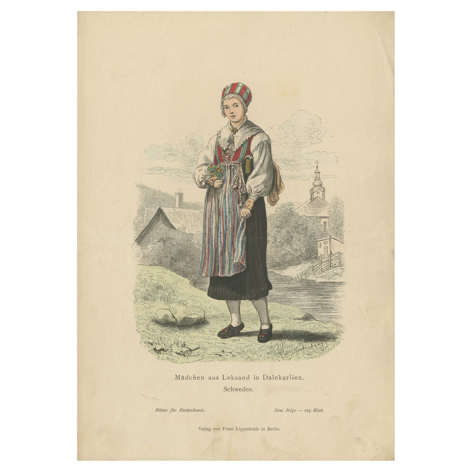 Antique Costume Print of a Girl from Leksand in Sweden, c.1880