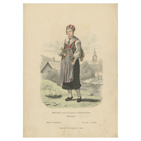 Antique Costume Print of a Girl from Leksand in Sweden, c.1880