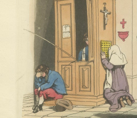 Costume Print: Woman at Devotion, Near Florence, 1820s Hand-Colored Engraving, close-up 2