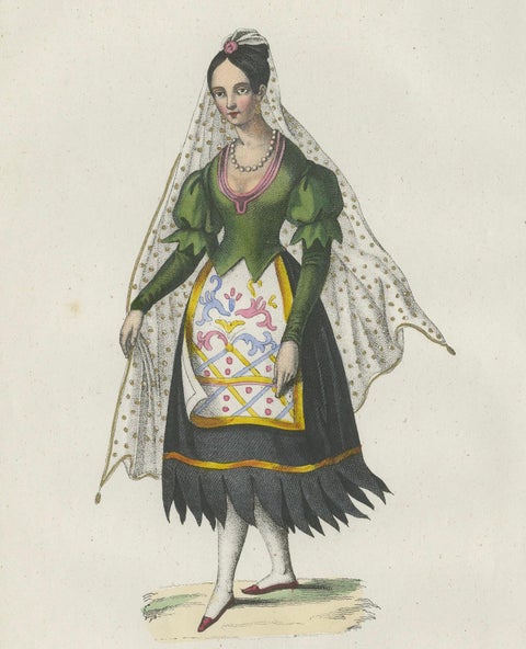 Mexican Woman Costume Print, Antique Hand-Colored Lithograph, 1854, close-up 4
