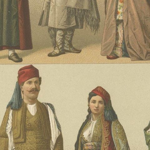 Pl. 77 Antique Print of European Turkish Costumes by Racinet, 'circa 1880', close-up 2