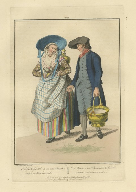 Guelders Farmer and Wife from Milking, Dutch Costume Print, 1811