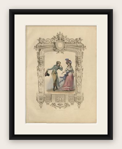 French Louis XVI Promenade Costume Lithograph, 1792, Published 1847, shown framed