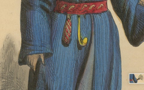 Traditional Dress of Lou-Tohou Island Inhabitant in Asia, 1844 Lithograph, close-up 2