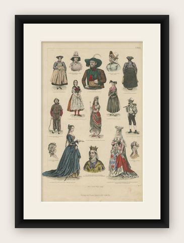 Antique Costume Print of Bayern, Tirol and More, c.1875, shown framed