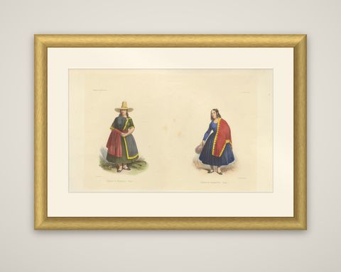 Peruvian Women's Costumes, Huarochirí & Huancavelica, Hand-Colored, 1841, shown framed