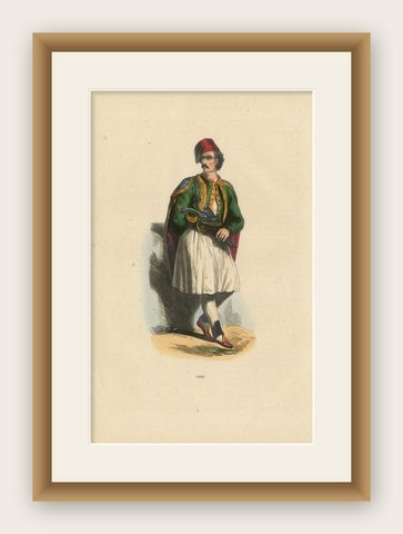 Greek Man in Traditional Dress, Hand-Coloured Lithograph, c.1845, shown framed