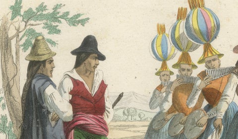 Original Antique Costume Print of Peru, Arrieros & Aymara Dance, c.1840, close-up 3