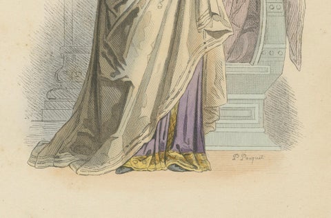 Antique Hand-Colored Fashion Print of a 9th Century Carolingian Lady, circa 1860, close-up 1