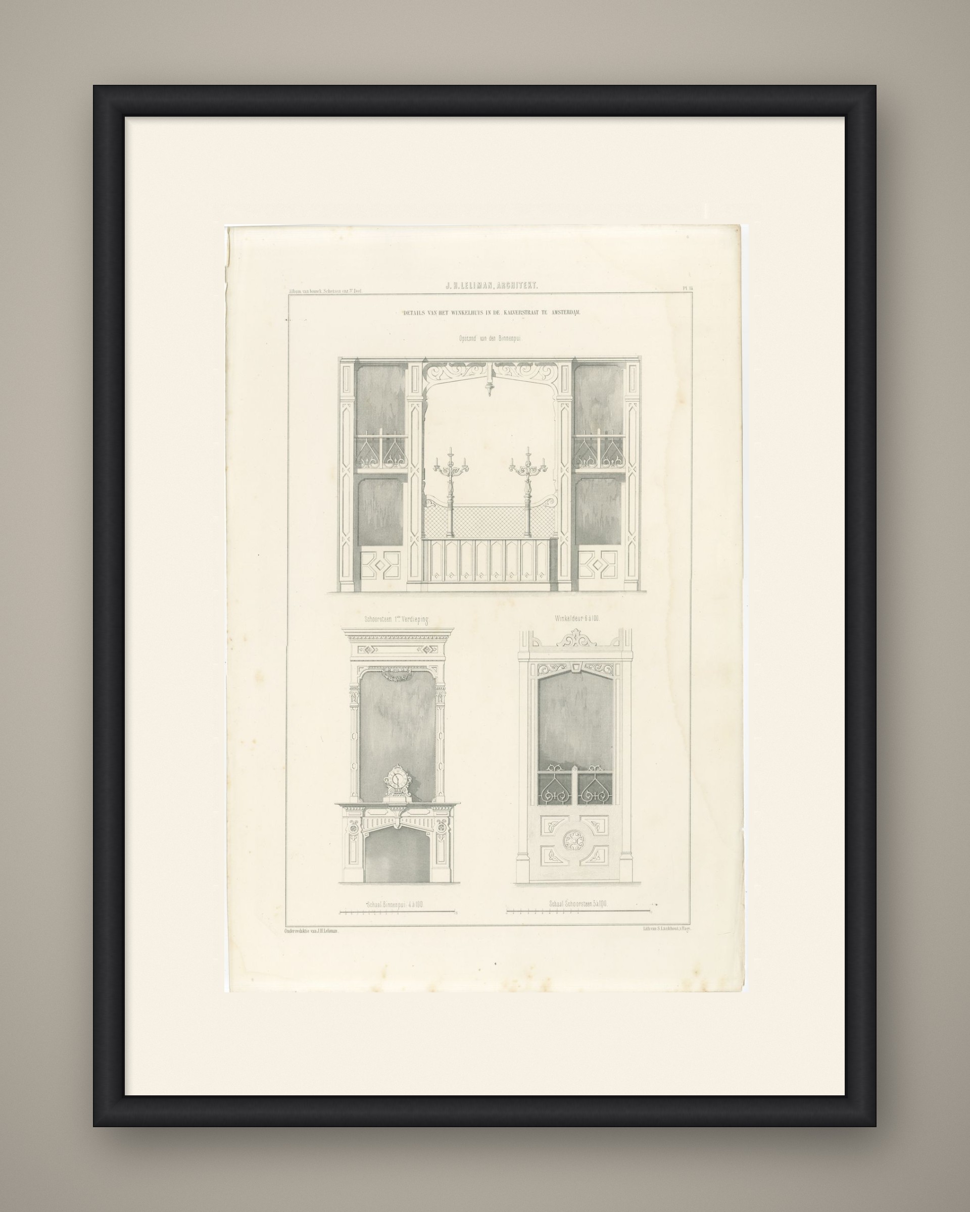 Amsterdam Shop Chimneypiece, Dutch Architecture Print, Leliman, 1865-1866, shown framed