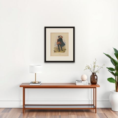 Antique Costume Print 'Colquhon' Scotland by L. Dickenson, circa 1847, shown framed on a wall