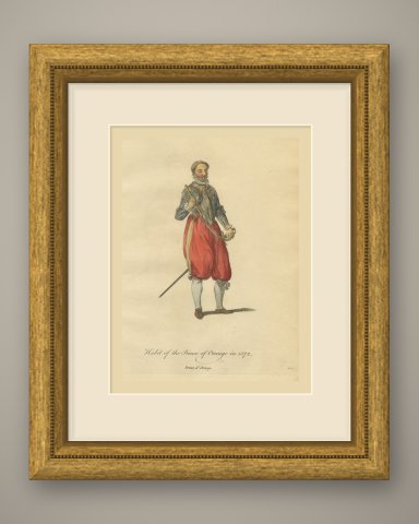 Prince of Orange in 1572 in Armor, Hand Colored Jefferys Costume Plate, 1757, shown framed
