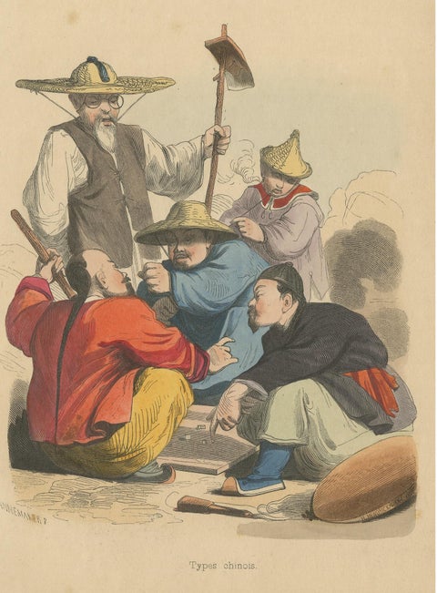Antique Costume Print of Chinese Men playing a Game of Dice by Wahlen, 1843, view 4
