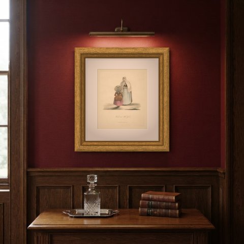 Woman and Little Girl with Green Pail, Antique Ackermann Costume Print, 1817, shown framed on a wall