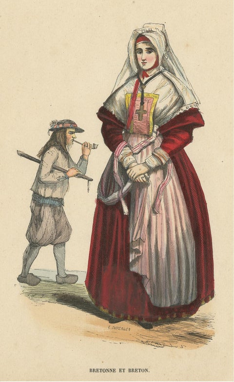 Antique Costume Print of Inhabitants of Brittany by Wahlen, 1843, view 4