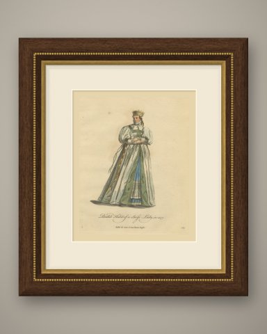 Bridal Habit of a Swiss Lady in 1577, Hand Colored Jefferys Costume Plate, 1757, shown framed