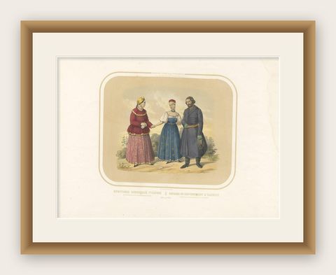 Antique Costume Print of Peasants from Olonets in Russia, circa 1860, shown framed