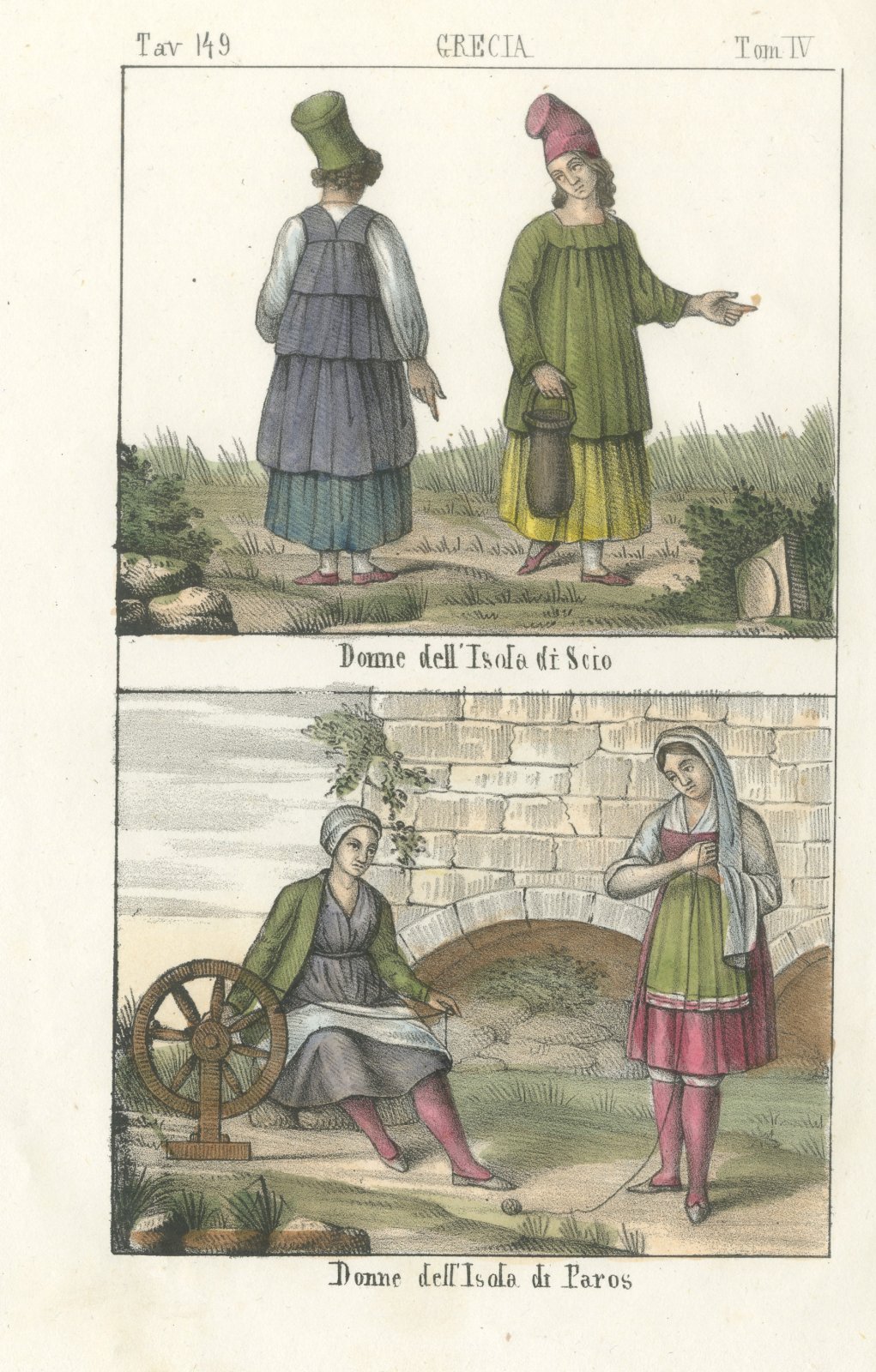 Women of Chios and Paros with a Spinning Wheel, Hand Colored, 1842