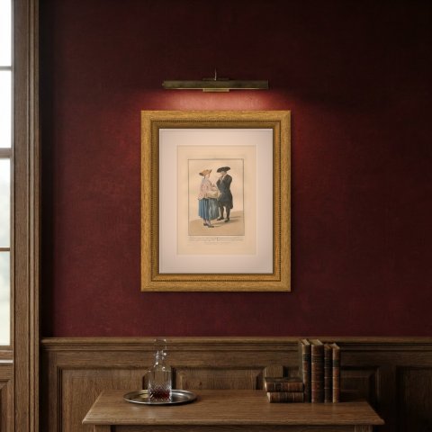 Off to the Fair with Butter and Eggs, Dutch Costume Print, 1811, shown framed on a wall
