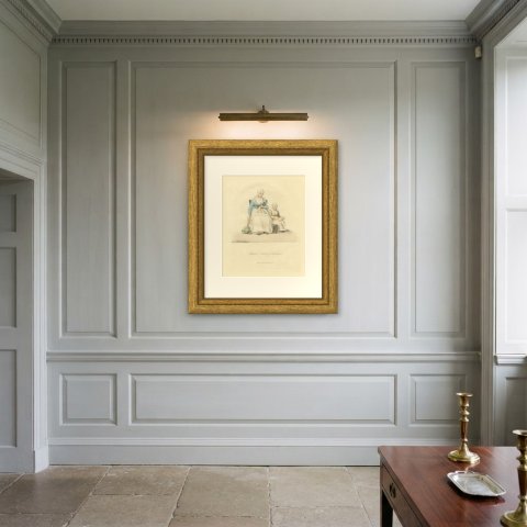 Woman and Child of Friesland, Frisian Dress, Antique Ackermann Print, 1817, shown framed on a wall