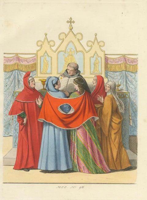 14th Century Italian Wedding, Clergy and Nobility in Antique Print, 1845, close-up 5