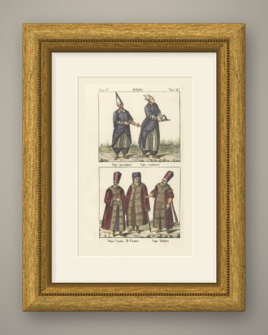 Chief Baker, Head Cook and Ushers in Fur Lined Robes, Hand Colored Print, 1842, shown framed