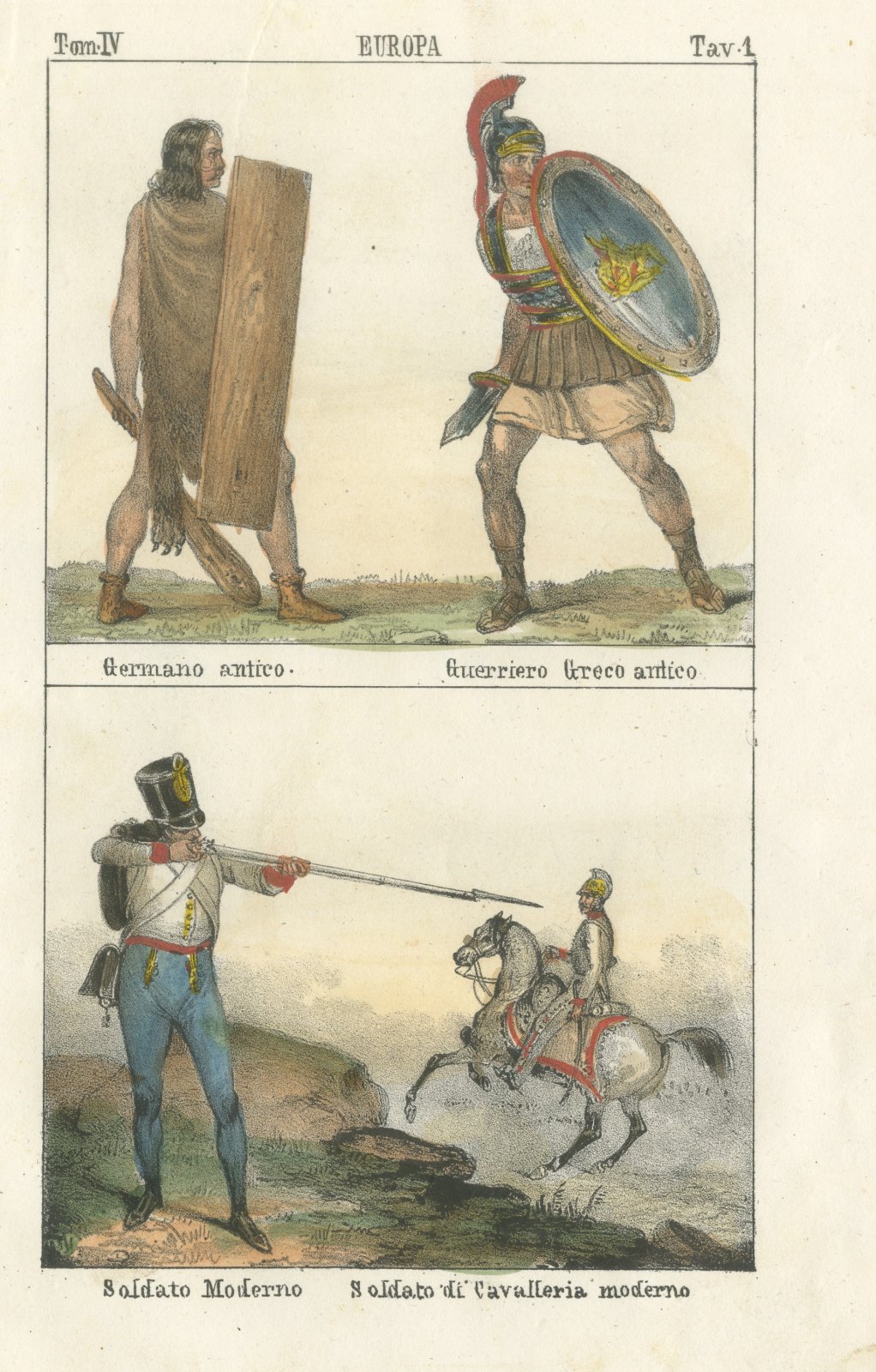 Ancient Germanic and Greek Warriors with Modern Soldiers, Hand Colored, 1842