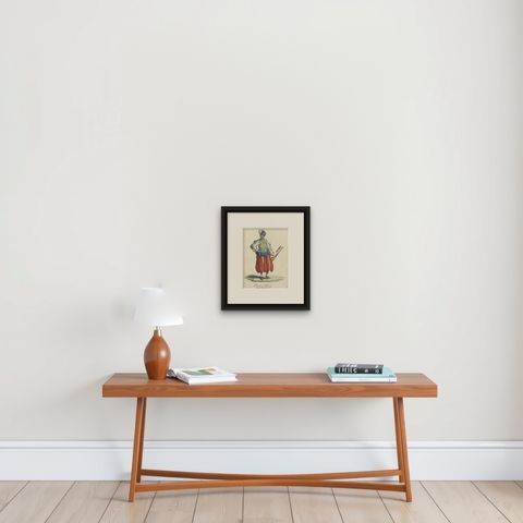 Original Print of the Costume of a German Officer in 1588, Published in 1805, shown framed on a wall