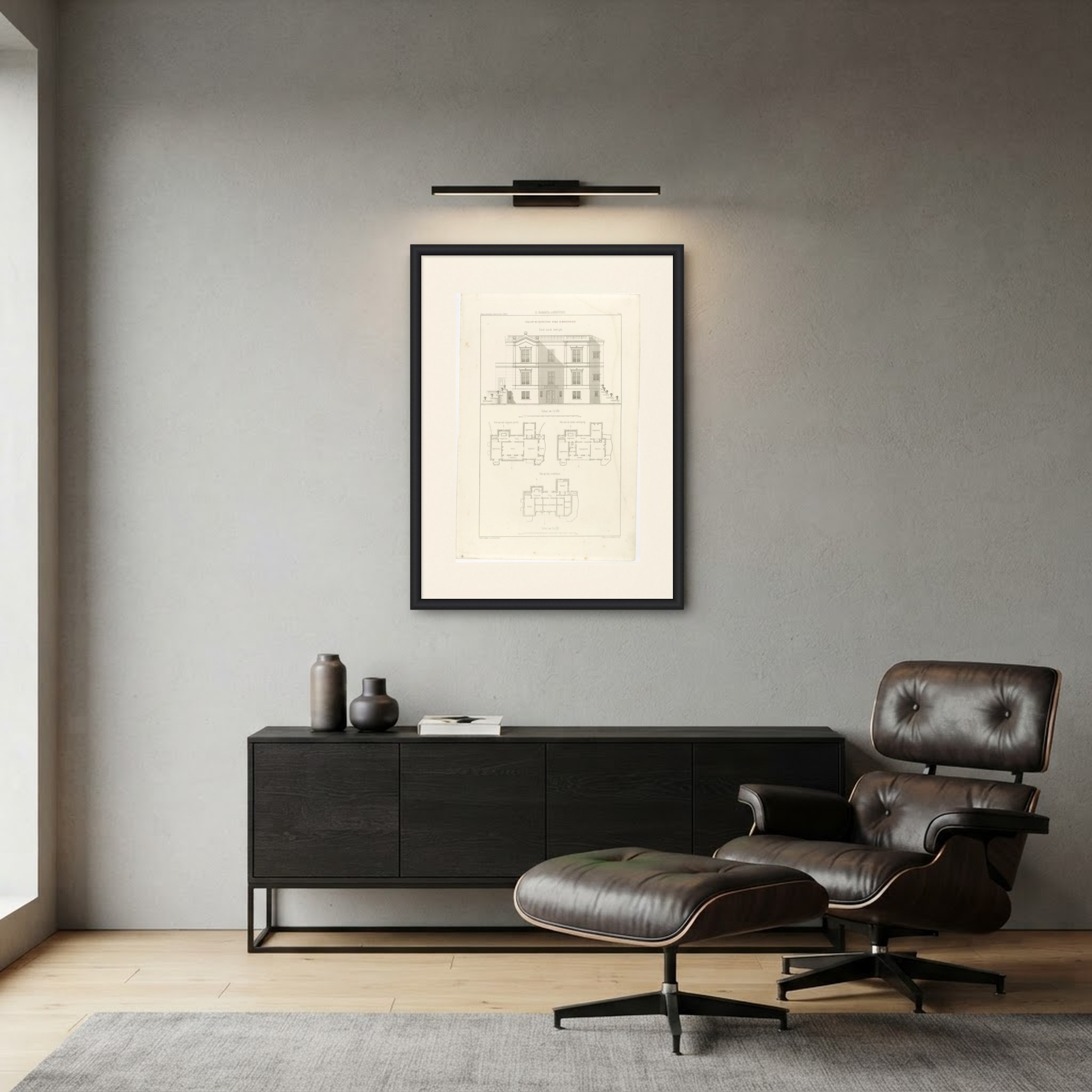 Seaside Villa, Scheveningen Dunes, Dutch Architecture Print, Leliman, 1865-1866, shown framed in a room