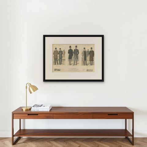 Original Hand-Colored Antique Fashion Print, Published in September, 1898, shown framed on a wall