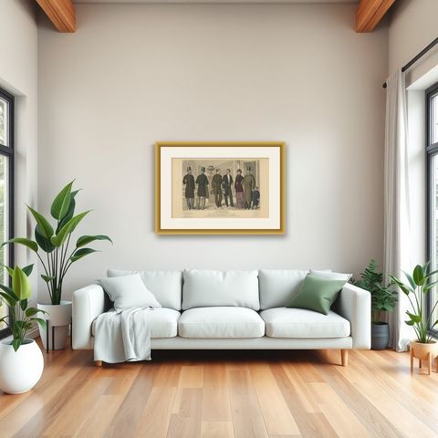 Original Antique Fashion Print, Published in February, 1881, shown framed in a room